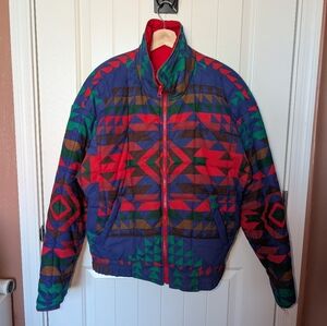 Vintage Andy Johns Women's Southwestern Patterned Puffer Coat Small Red/Blue